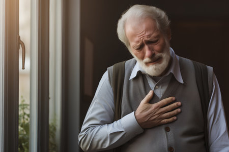 Portrait of senior man suffering from heart attack while standing near window at homeの素材