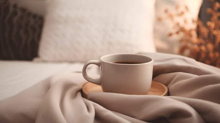 Cup of coffee on a wooden tray on the bed in the morningの素材