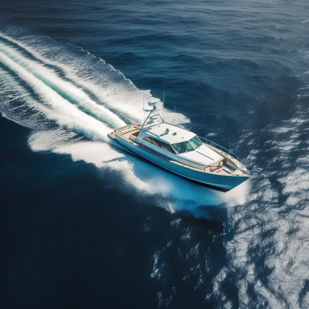 Aerial view of a yacht in the sea. 3D Renderingの素材