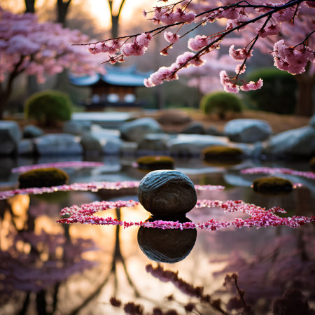Sakura blossoms and stone in japanese garden at sunsetの素材