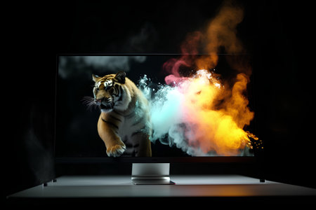 Tiger in a cloud of smoke coming out of a monitor.の素材
