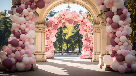 Wedding archway decorated with pink and white balloons in the parkの素材