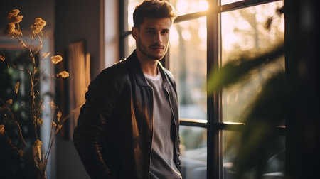 Handsome young man standing near window in cafe, looking at camera.の素材