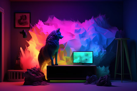 3d illustration of a wolf with a laptop in a room with a fireplaceの素材