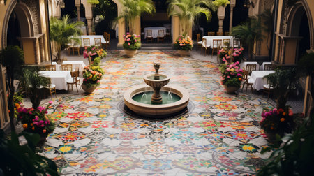 Luxury hotel lobby interior with a fountain in the foreground.の素材