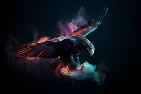 Eagle with fire and smoke on dark background. 3d renderingの素材