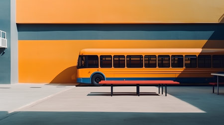 School bus in front of an orange wall with a bench on itの素材