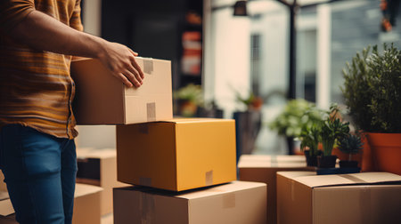 Young man holding cardboard boxes in his hands, moving into a new houseの素材