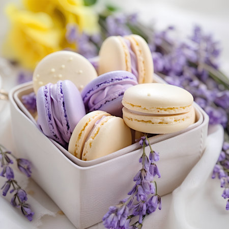 French macaroons and lavender flowers on a white background.の素材