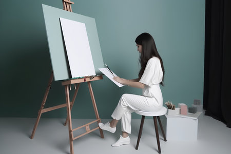 woman draws a picture on the easel in the room, 3d renderの素材