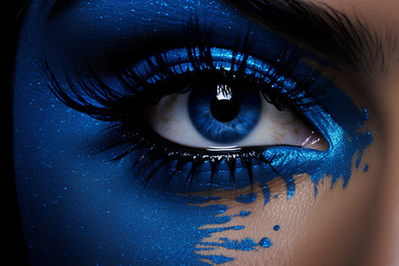 Close-up of beautiful female eye with blue makeup. Fashion art photoの素材