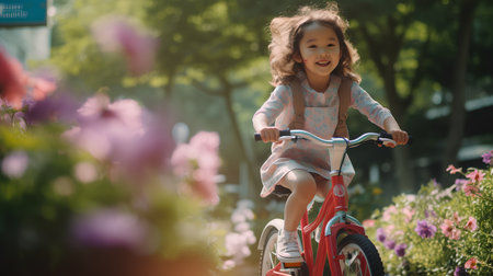 Cute little girl riding a bicycle in the park on a sunny dayの素材