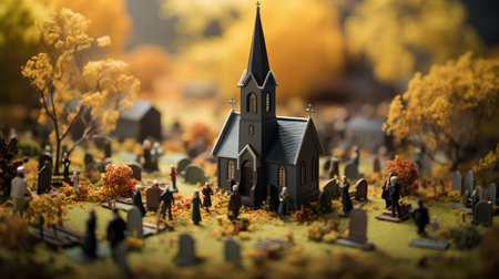 Miniature of a church and cemetery on the ground. 3d renderingの素材