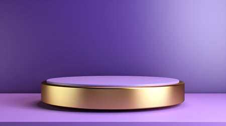 3d render of golden podium on purple background. Mockup for product presentation.の素材