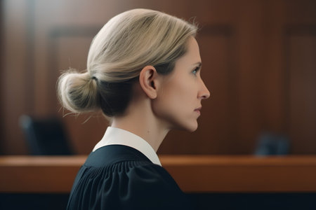 Portrait of a beautiful young woman in a courtroom. Selective focus.の素材