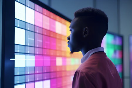African american businessman looking at computer screen in office. Double exposureの素材
