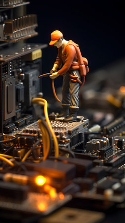 Repairman repairing a computer motherboard. Selective focus. Technology background.の素材