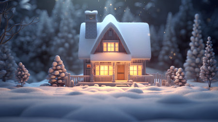 Winter cottage with snow on the roof. Christmas background. 3D illustration.の素材