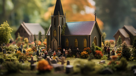 Miniature of church and cemetery on the ground. Halloween concept.の素材