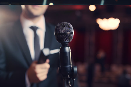 Close-up of a microphone in the hands of a businessman.の素材
