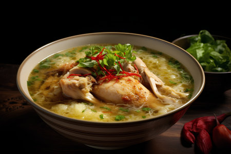 Chicken soup in a bowl on a dark background. Selective focus.の素材