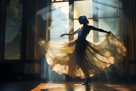 Beautiful ballerina dancing in a dark room with large windowsの素材