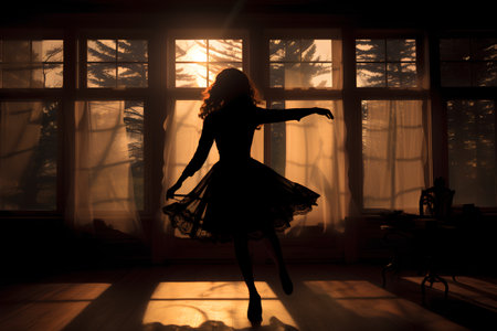 Silhouette of a beautiful girl dancing in a room with large windowsの素材