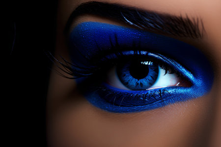 Beautiful woman with blue make-up and long eyelashes. Beauty face. Picture taken in the studio.の素材