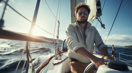 Handsome bearded man in sunglasses and white shirt sailing on a yachtの素材