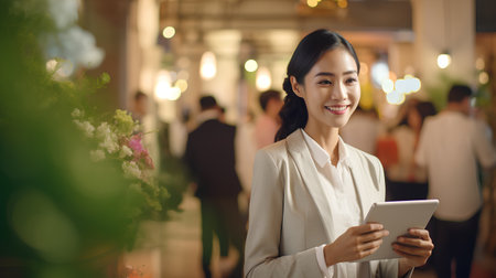 Businesswoman using digital tablet in a shopping mall, asian beautyの素材