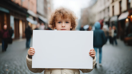 Little boy with curly hair holding white sheet of paper on the streetの素材