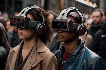 Young african american woman with headphones listening to music in cityの素材