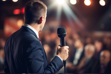 business, people and conference concept - close up of businessman with microphone in conference hallの素材