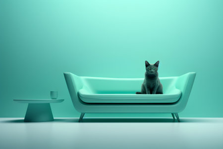 Cat sitting on a green sofa in the room. 3d renderingの素材
