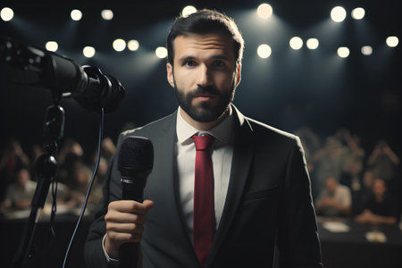A portrait of a handsome man in a suit speaking into a microphone on stage.の素材