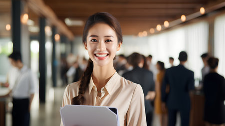 Portrait of smiling businesswoman holding digital tablet while standing in officeの素材