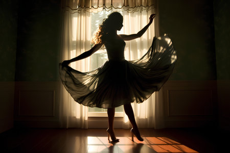Silhouette of a beautiful ballerina posing in the roomの素材