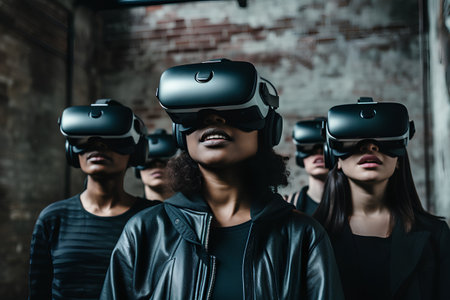 african american woman using virtual reality headset while standing near multicultural friendsの素材