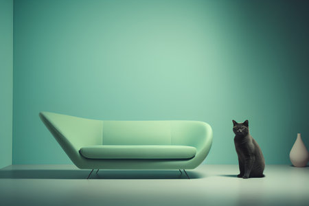 Modern interior with a green sofa and a black cat. 3d renderの素材