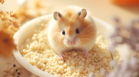Cute hamster sitting in bowl with food on table, closeupの素材