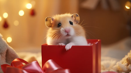 Hamster in a gift box on a Christmas background with lights.の素材