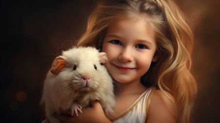 Little girl with a white guinea pig. Portrait of a little girl.の素材