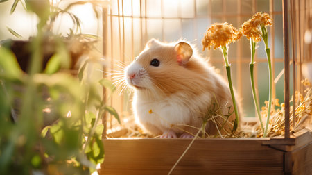 Cute white and red hamster in a cage with yellow flowersの素材