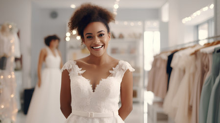 Cheerful african american woman choosing wedding dress in boutiqueの素材