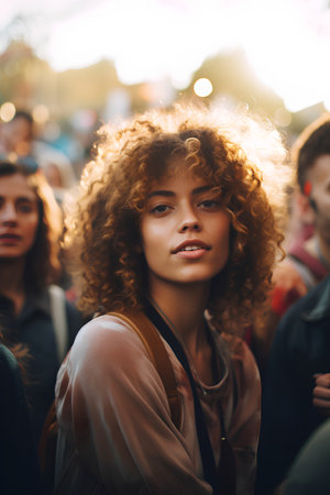 Portrait of a beautiful young woman with curly hair on the streetの素材