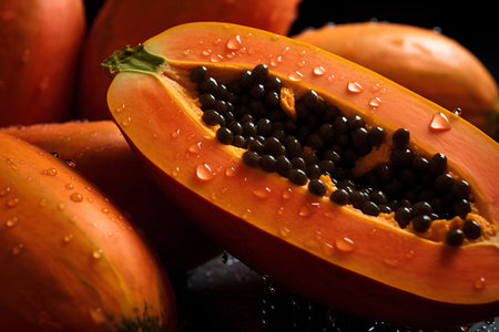 Papaya fruit with water drops on black background, closeupの素材
