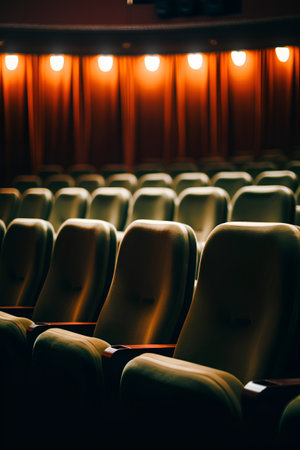 Movie or theater auditorium with rows of seats and red curtains.の素材