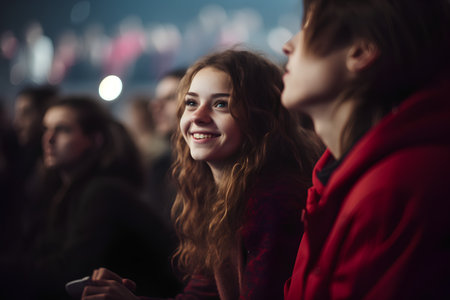 Young woman listening to music at concert in front of the stage.の素材
