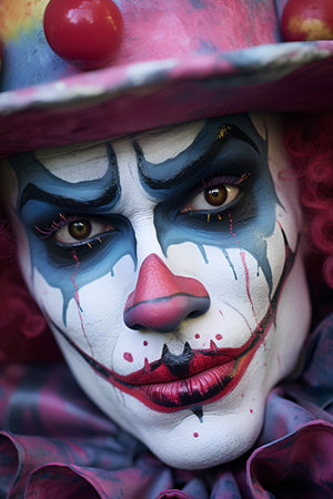 Close-up portrait of a woman with face painted as a clownの素材