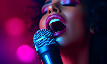 Close up portrait of beautiful young african american woman singing with microphone.の素材